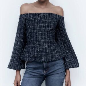 Zara Women's Blue Tweed Textured Off the Shoulder Top Long Sleeve Size Small